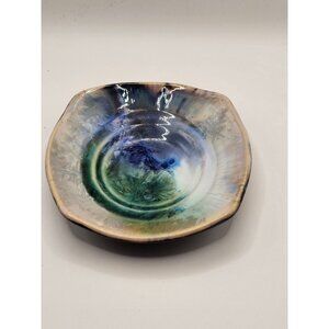Handcrafted Ceramic Glazed Bowl With Abstract Blue‎ & Green Design - Vintage
